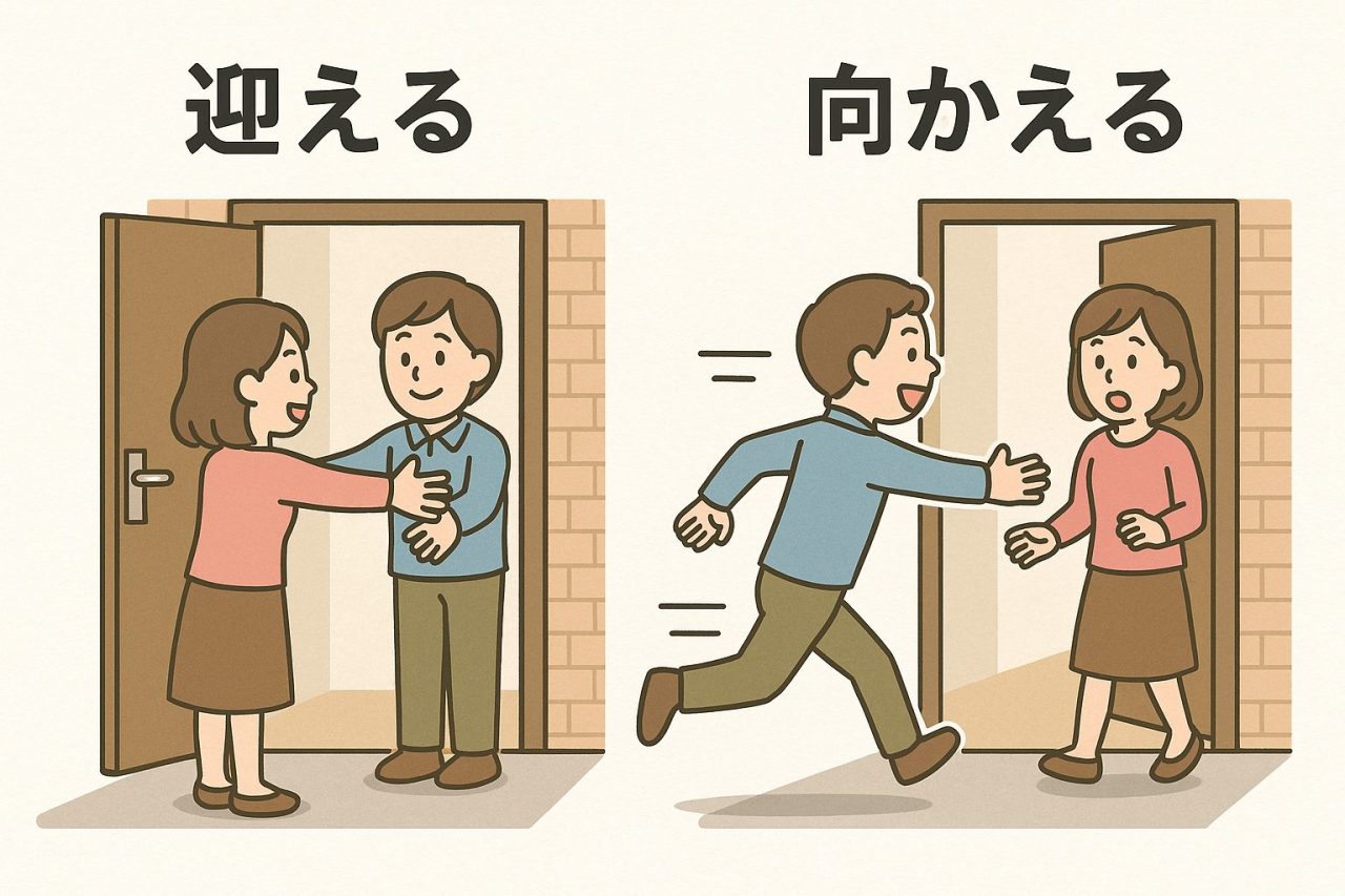 「迎える」は玄関で人がやって来るのを待っているイラスト、「向かえる」は自分が玄関から飛び出していくイラスト